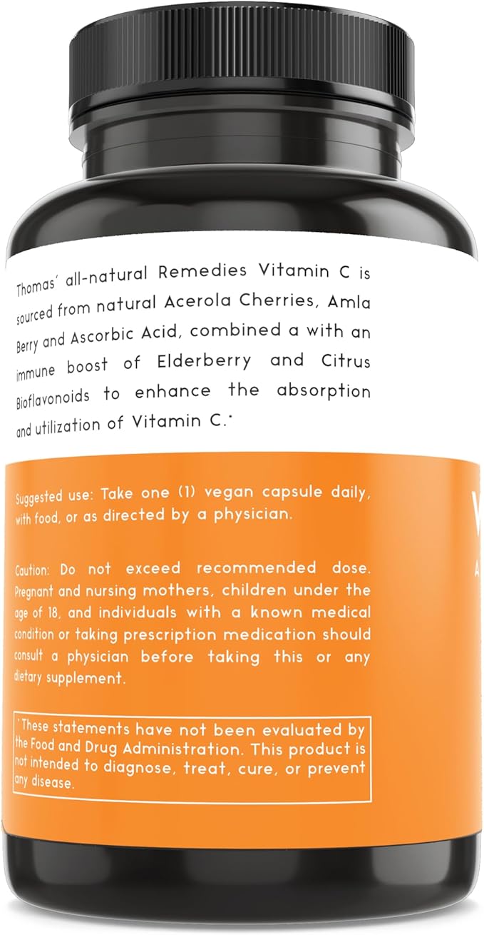 Thomas' all-natural Remedies Vitamin C with Organic Elderberry, Organic Citrus Bioflavonids - Whole Food Supplement - Non-GMO - Raw Vegan - 90 Capsules
