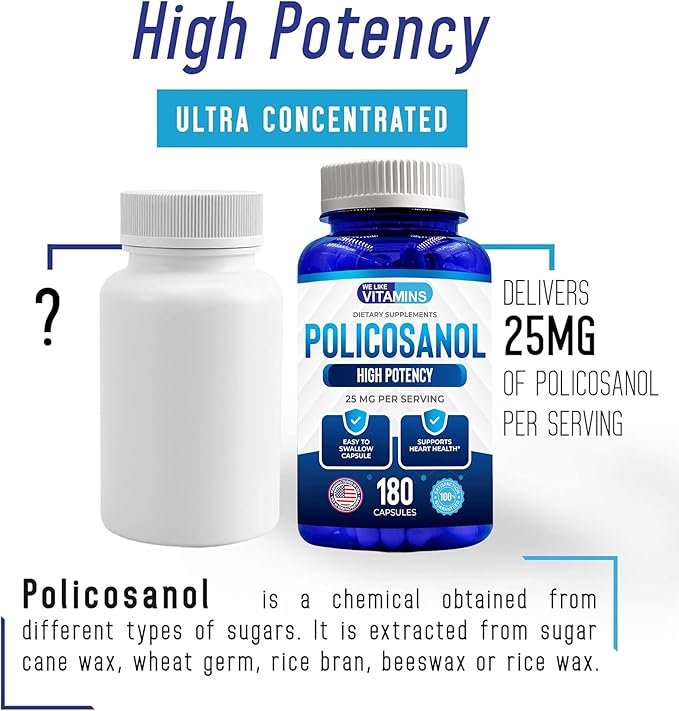 We Like Vitamins Policosanol 25mg - 180 Capsules - Policosanol Supplement Made from Natural Sugar Cane - Non-GMO and Gluten-Free