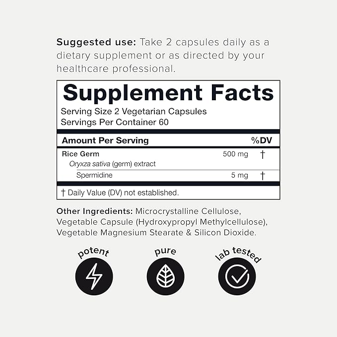 Toniiq Ultra Concentrated 500mg Spermidine Supplements for Men and Women - Non-Synthetic Spermidine Standardized to No Less Than 1% Spermidine - 5mg Spermidine per Serving Rice Germ Extract