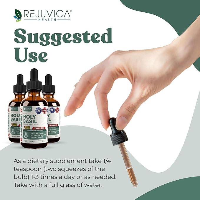 Rejuvica Health Active Holy Basil 4oz XL Super Size - Advanced Stress Support Supplement Drops - Holy Basil Leaves Liquid Extract - Vegan Sugar Free Non GMO Tincture