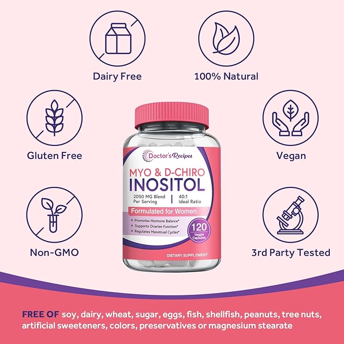 Doctor's Recipes Inositol Supplement, Myo-Inositol & D-Chiro Inositol Capsules 2050mg per Serving, Ideal 40:1 Blend, Hormone Balance for Women, Ovarian Function & Fertility Support, 120 Vegan Caps