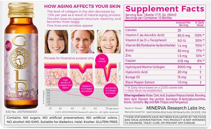 GOLD COLLAGEN Pure - Collagen Supplements for Women & Men with Biotin for Hair Growth, Skin and Nail - Anti Wrinkle Immune System Booster with Hyaluronic Acid, Vitamin C, B6 and Zinc, 3 Pack 10x50 ml