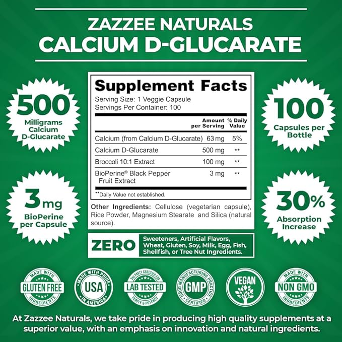 Zazzee High Absorption Calcium D-Glucarate, 500 mg per Capsule, 3 mg BioPerine for Enhanced Absorption, 100 Vegan Capsules, Plus Broccoli 10:1 Extract, 100% Vegetarian, CDG, All-Natural and Non-GMO