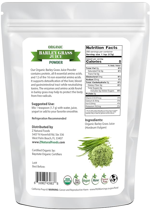 Z Natural Foods Organic Barley Grass Juice Powder - Made in USA, USDA Organic Nutrient-Dense Green Drink Mix for Energy, Detox with Amino Acids - Antioxidant Juice Blend for Water, Smoothies, 1 lb