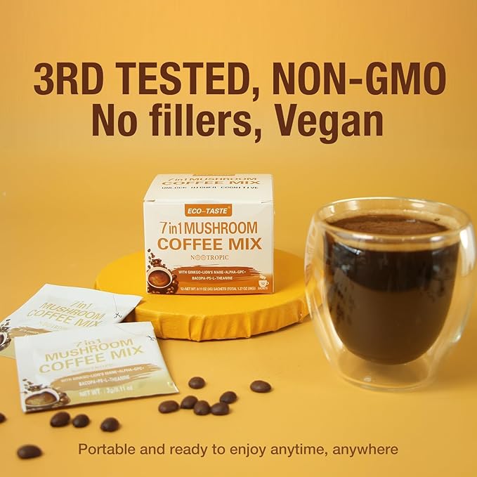Mushroom Coffee Mix 7 in 1, with Ginkgo, Lions Mane, Alpha-GPC, Bacopa, PS, L-Theanine – 12 Sachets