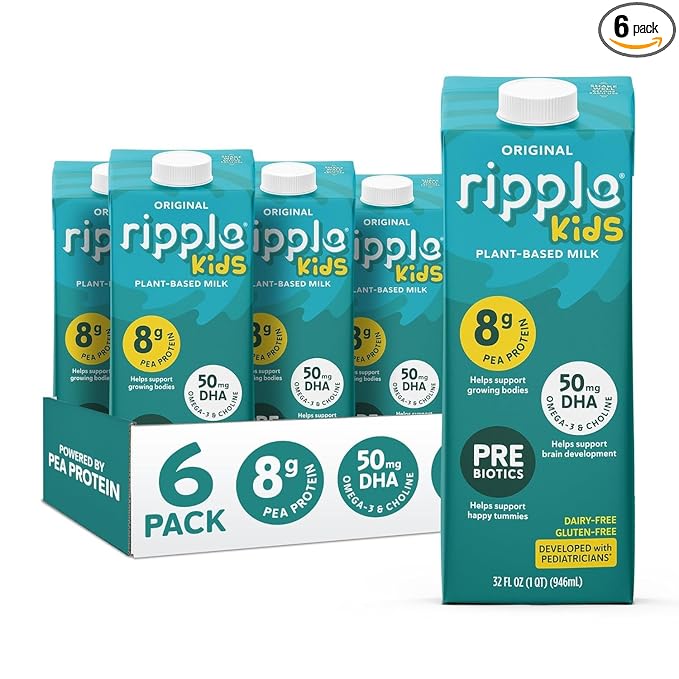 Ripple 32 oz Plant Based Milk 8g of Quality Sourced Pea Protein, Calcium Rich | Shelf Stable | Vegan & Non GMO Certified | Dairy, Soy, Nut, Gluten, & Lactose Free (Pack of 6) (32 Fl Oz (Pack of 6), Kids Original)