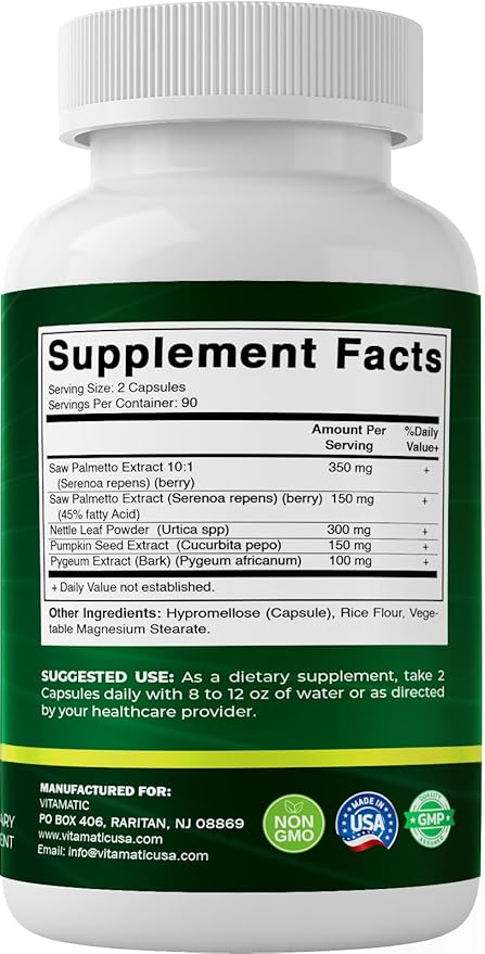 Vitamatic Saw Palmetto Extract for Men & Women 180 Veg Capsules - Made with Pumpkin Seed, Pygeum, Nettle Leaf - Made in The USA - Promotes Healthy Prostate Function