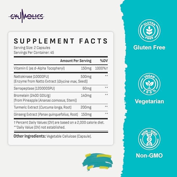Nattokinase Supplement 10000FU with Organic Nattokinase, Serrapeptase, Bromelain, Curcumin, Vitamin E & Ginseng, Movement Comfort, 180 Capsules