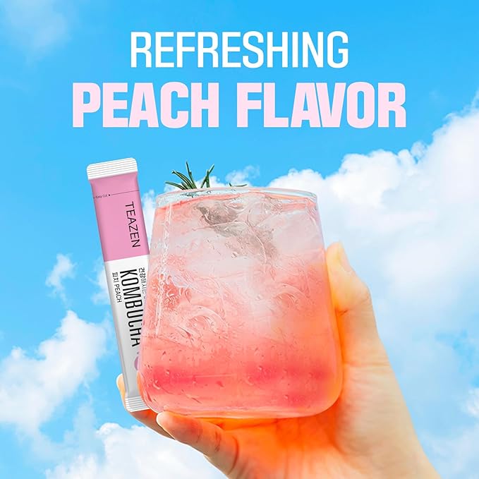 TEAZEN Peach Kombucha Tea, Hydration Drink Mix, Sugar Free, Live Probiotics & Prebiotics, 10 Sticks, 1.76oz