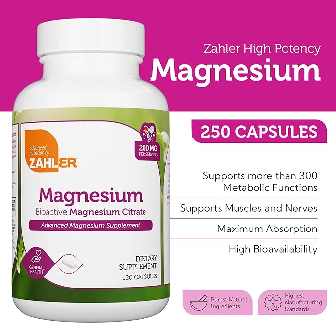 Zahler - Magnesium Supplement Capsules 200 mg (250 Count) Certified Kosher Bioactive Magnesium Citrate for Max Absorption - Natural Magnesium Mineral for Men & Women - Best Magnesium Supplements