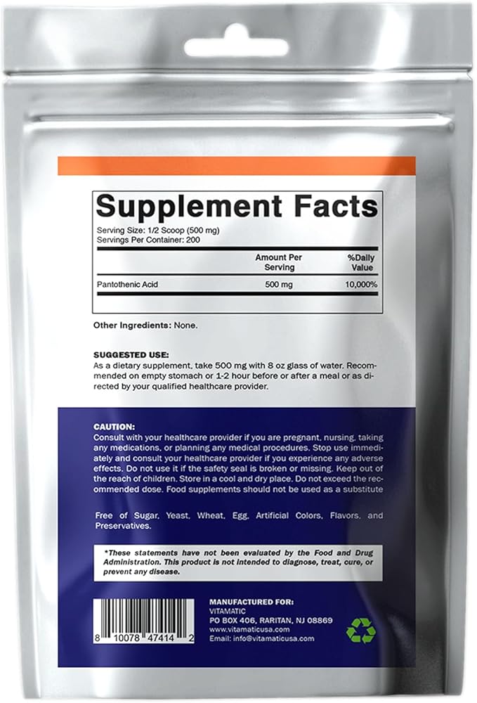 Vitamatic Pantothenic Acid Pure Powder 500 mg per Serving - 100 Grams - Also Called Vitamin B5-200 Servings