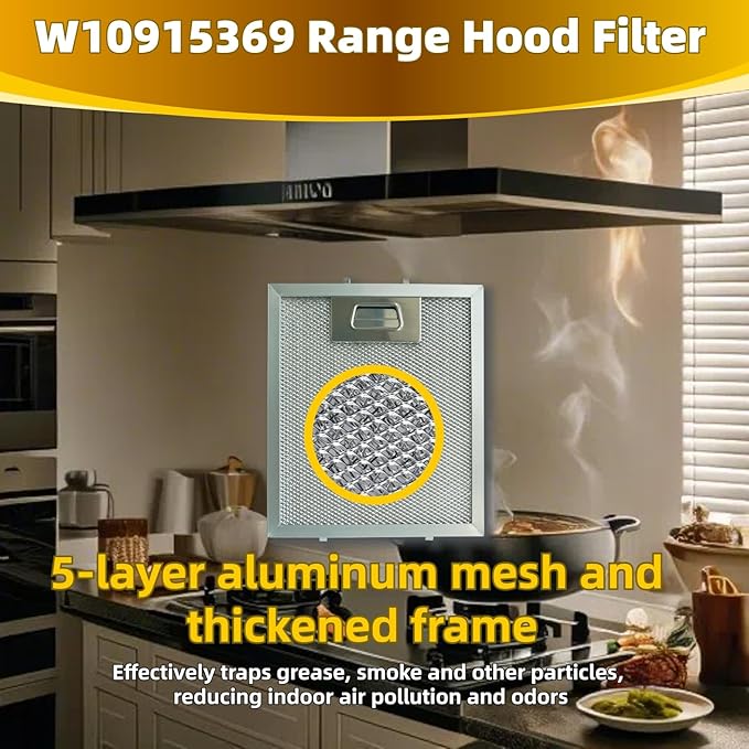 2Pcs W10915369 Range Hood Grease Filter Mesh Grease Vent Filter 5-Layer Aluminum Mesh 8.75 X 7.5 Inch Upgraded Stainless Steel Clips