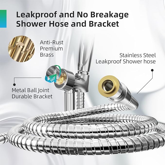 Shower Head,10 Functions High Pressure shower head with handheld, Built-in Pause Mode & 2 Power Wash, Non-Clogging Nozzles High Flow Hand Held Shower Head, Leakproof 6.5ft Hose&Metal Bracket