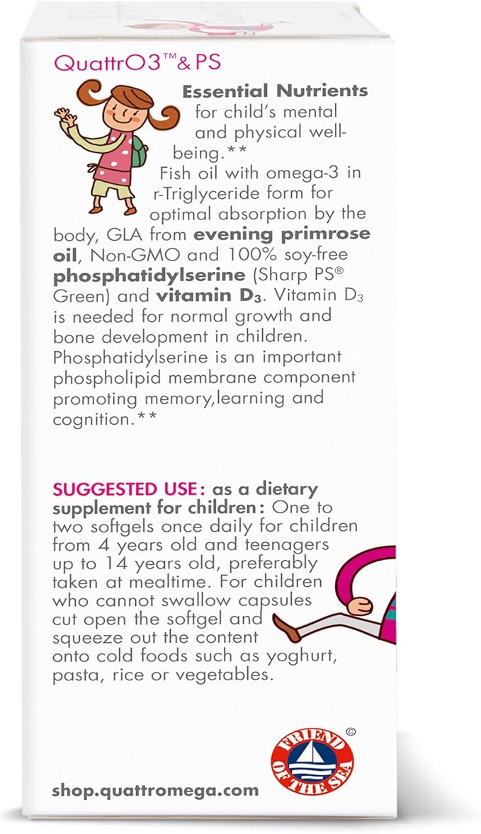 WHC, QuattrO3 & PS, Fish Oil Complex for Children, Omega-3 Triglycerides, Vitamin D3, GLA, Phosphatidylserine, Soy Free, Tutti-Frutti Strawberry Flavor, 60 Softgels