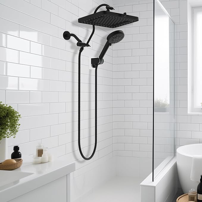 Hibbent Upgraded 5-spray 13'' Shower Head, High Pressure Rainfall Shower Head, Dual Showerhead Combo with 10-mode Handheld Spray, 12'' Adjustable Extension Arm, 71'' Hose, Shower Holder, Matte Black