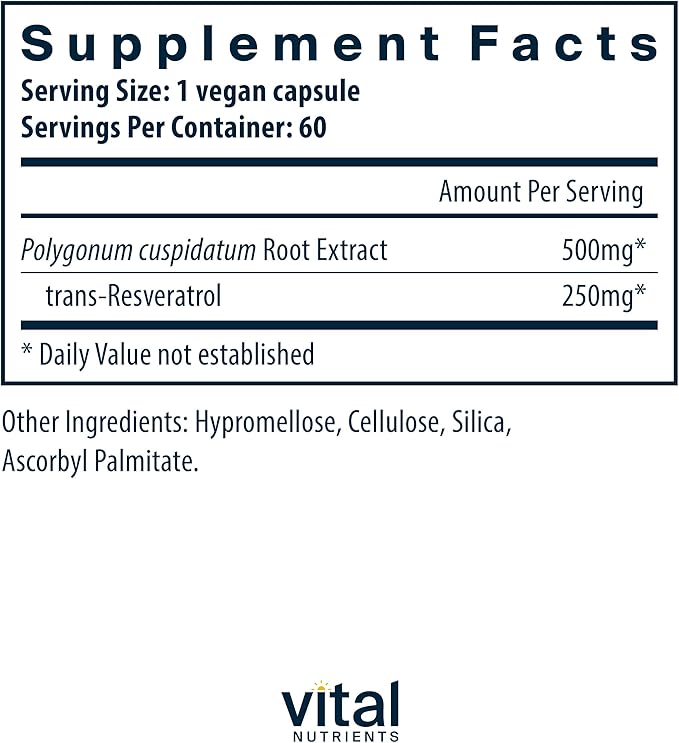 Vital Nutrients Resveratrol | Ultra High Potency Antioxidant | Trans Resveratrol for Cardiovascular and Cell Health Support* | Vegan Supplement | Gluten, Dairy and Soy Free | Non-GMO | 60 Capsules