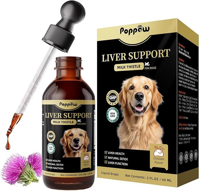 Milk Thistle for Dogs – 9-in-1 Liver and Kidney Support Drops with Artichoke, Resveratrol, Marigold Extract, 100% Natural Detox Supplement for Liver Function, Split Dropper, Chicken Flavor, 2Oz