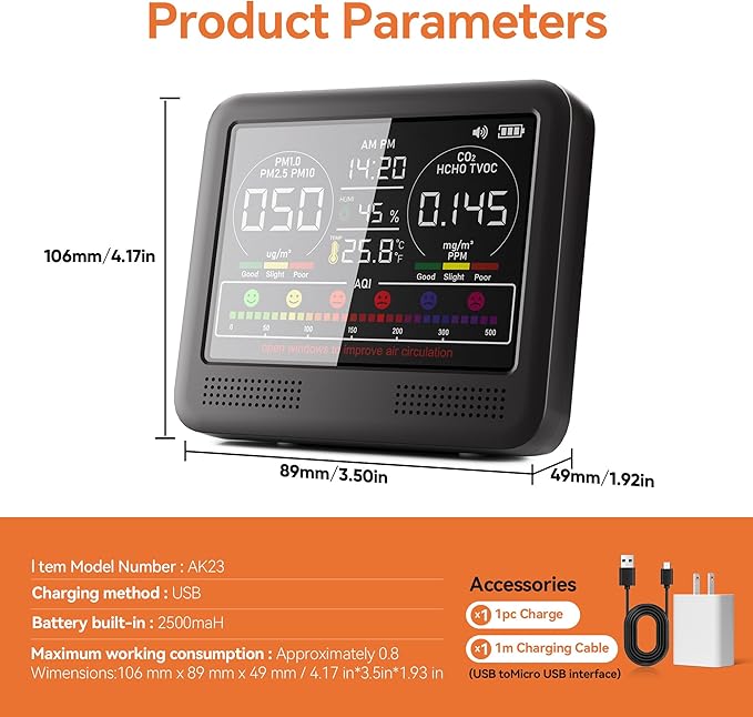 16-in-1 Indoor Air Quality Monitor with PM1.0,PM2.5,PM10,CO2,HCHO,TVOC,Temperature,Humidity,Time Display &7 AQI Alarms – Professional Air Quality Tester for Home, Office & Indoor Use (Jet Black)