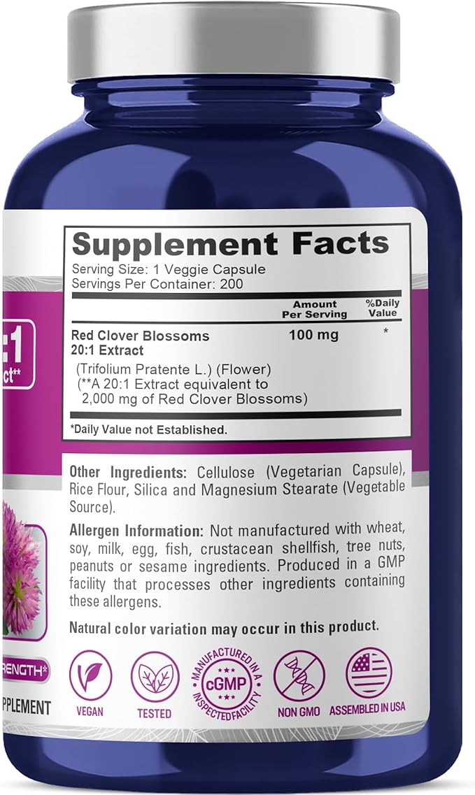 NusaPure Red Clover Capsules 2000mg per Veggie Caps | 200 Count | Trifolium Pratense | Non-GMO | Red Clover Blossom Extract 20:1 Supplement