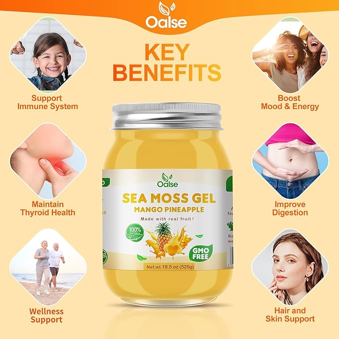 Sea Moss Gel - 18.5OZ Mango Pineapple Flavor Sea Moss Gel Raw Nutritious Rich in 102 Vitamins and Minerals, Proteins & Vitamins, Vegan-Friendly