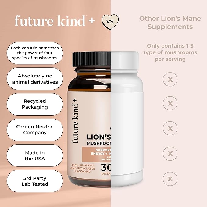 Future Kind Vegan Lion’s Mane Mushroom Complex - Brain Supplement with Chaga, Maitake, Shiitake, & Reishi, Supports Memory and Focus (30ct)