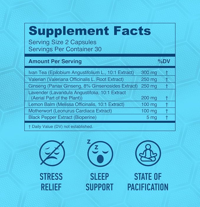 Relax - All-Natural Stress Relief, Sleep Support, Mood Enhancement Herbal Supplement with Ivan Tea, Valerian, Ginseng, Lavender, Lemon Balm, Motherwort, 60 Capsules