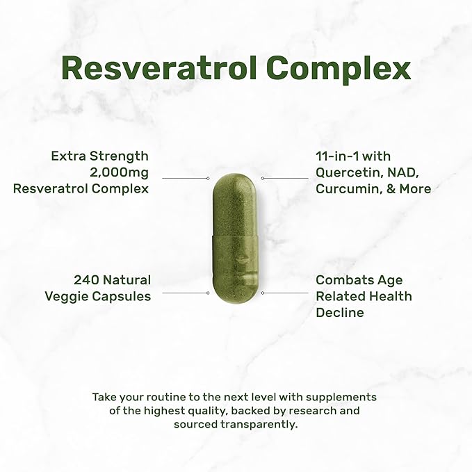 Resveratrol Complex 2,000mg, 240 Veggie Capsules – Extra Strength Trans-Resveratrol with NAD, Quercetin, Curcumin, Grape Seed & More – Healthy Aging Antioxidant for Energy & Brain Support
