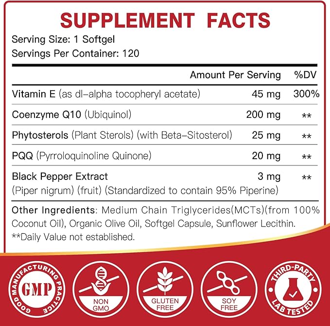 DRFOSTER Coq10 Ubiquinol 200mg, Coq10 200mg softgels, Max Absorption Ubiquinol with Vitamin E & PQQ & Black Pepper, Powerful Antioxidant, 120 Softgels