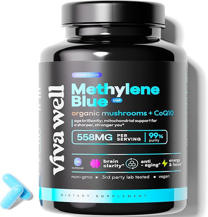 Methylene Blue Pharmaceutical Grade - #1 Upgrade from Drops - USP Grade - Methylene Blue Capsules with Organic Mushrooms & CoQ10 for Humans - Pills for Focus, Clarity, & Energy