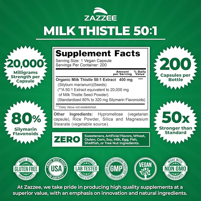 Zazzee Organic Milk Thistle 50:1 Extract, 20,000 mg Strength, 200 Vegan Capsules, 80% Silymarin Flavonoids, Over 6 Month Supply, Standardized and Concentrated 50X Extract, All-Natural and Non-GMO