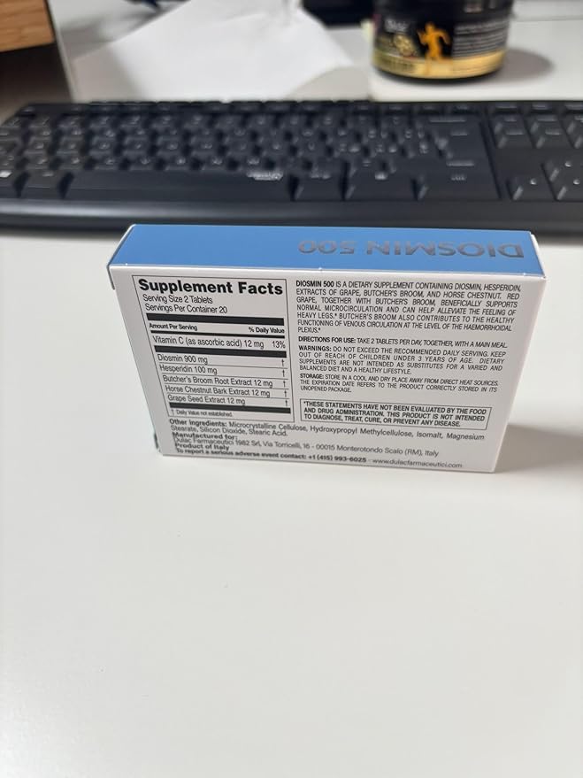 Dulàc - Diosmin 500 with Horse Chestnut, Butcher’s Broom, Red Grape & Hesperidin - Dietary Supplement - 40 Tablets - Made in Italy