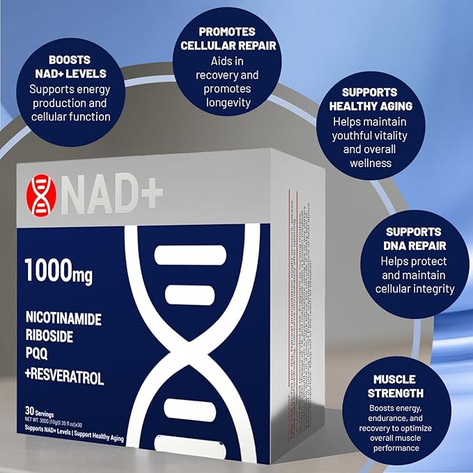 Premium NAD+ Liquid Supplement 1000mg Packets with Nicotinamide Riboside & Resveratrol for Cellular Energy, DNA Repair, Anti-Aging Support & Mental Clarity, 30 Packs