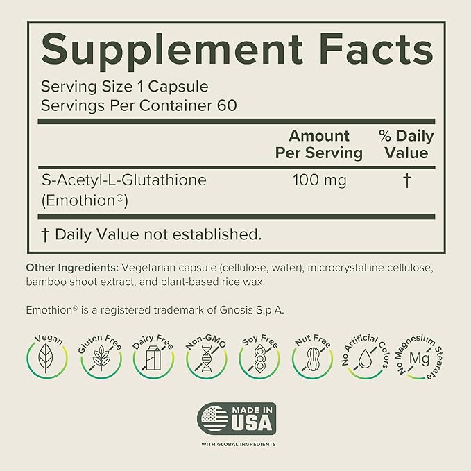 Prominent Nutrition S-Acetyl L-Glutathione Supplement - Clinically Researched Emothion Acetylated Glutathione for Normal Liver Detoxification Support & Optimal Antioxidant Effect, 60 Vegan Capsules