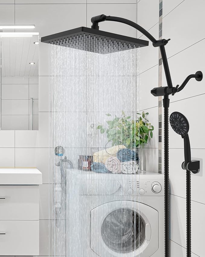 Hibbent Thickness 10'' Rain Shower Head, High Pressure Handheld Spray, Showerhead Combo with 16'' Adjustable Arc Shower Extension Arm, 7 Settings, 71'' Hose, Adhesive Shower Holder, Matte Black