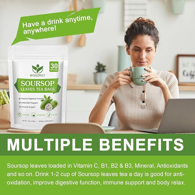 WOGORGT Organic Soursop Leaves Tea Bags - Soursop Graviola Leaves Herbal Tea bags for Immune Support, Antioxidant - Guanabana Leaves - Caffeine Free - 30 Tea Bags