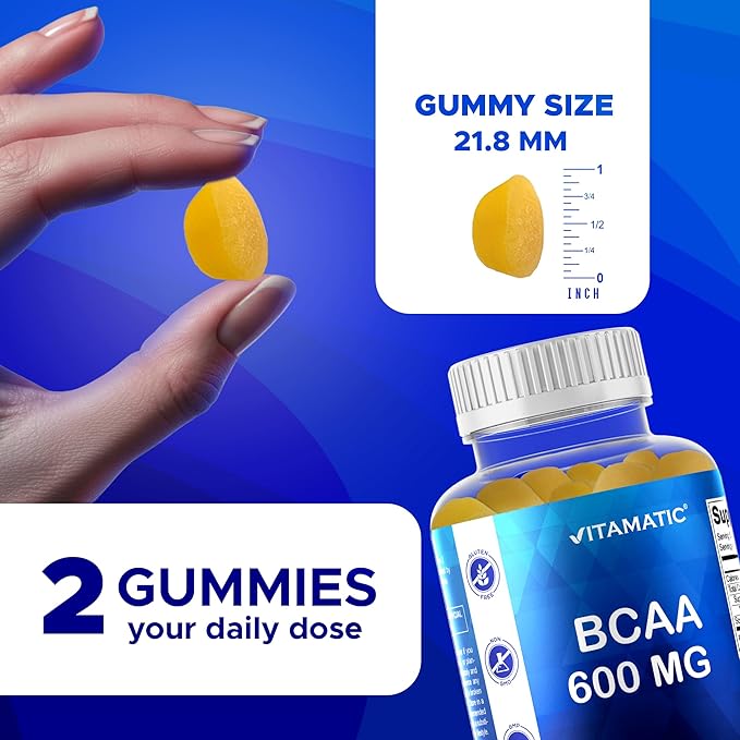 Vitamatic BCAA Gummies - Branch Chain Amino Acid Supplements - Peach Flavor - 600mg per Serving - 60 Vegan Pectin Based Gummies (1 Bottle)