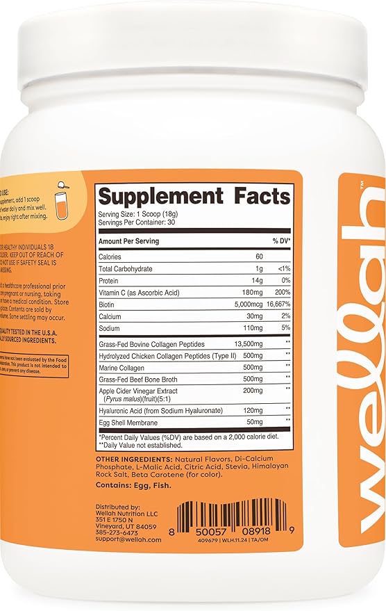 Wellah The Afterglow Multi Collagen Protein + Beauty (30 Servings, Orange Mango) - Hair, Skin, Nail & Joint Support - Non-GMO and Gluten Free