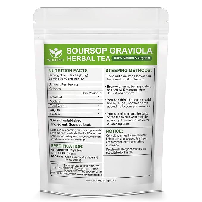 WOGORGT Organic Soursop Leaves Tea Bags - Soursop Graviola Leaves Herbal Tea bags for Immune Support, Antioxidant - Guanabana Leaves - Caffeine Free - 30 Tea Bags