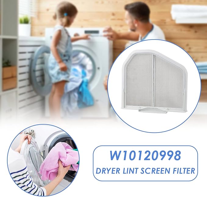W10120998 Dryer Lint Filter Catcher Stainless Steel Screen Mesh for Whirlpool Kenmore Maytag Dryer Lint Screen Replacement Part W10049360, 8066170 with Clothes Dryer Lint Vent Trap Cleaner Brush