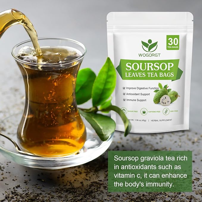 WOGORGT Organic Soursop Leaves Tea Bags - Soursop Graviola Leaves Herbal Tea bags for Immune Support, Antioxidant - Guanabana Leaves - Caffeine Free - 30 Tea Bags