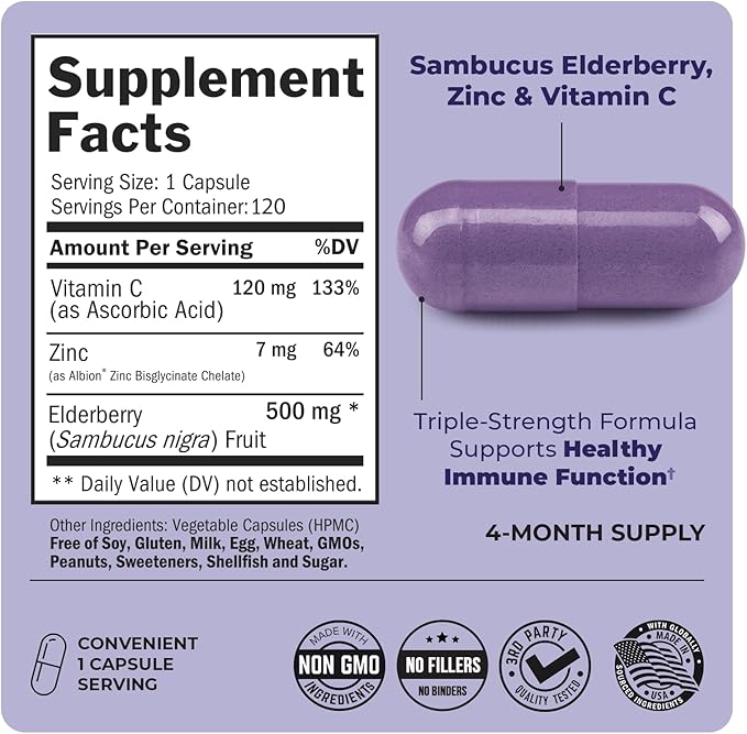 BioSchwartz Elderberry Capsules with Zinc and Vitamin C for Adults - Immune Support Vitamins for Women and Men - Black Sambucus Elderberry Vitamin C and Zinc - Multiminerals Supplement, 120 Count