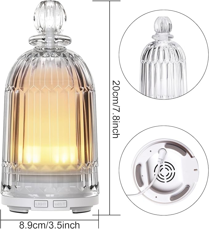 Glass Essential Oil Diffuser, Aroma Diffusers with Glass Cover & Plastic Reservoir Small Humidifiers with 7 Color LED Lights Auto-Off for Home Office Bedroom Yoga 120ml(White Bottom)