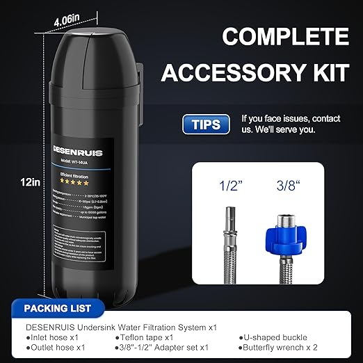 Under Sink Water Filter System, Reduces 99.99% Lead, Chlorine, Bad Taste & Odor, Under Counter Water Filter Direct Connect to Kitchen Faucet, 10000 Gallons, by DESENRUIS