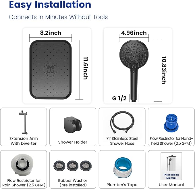 JOMOO Handheld Shower Head Combo, 10 Spray Modes High-Pressure Handheld Showerhead with 12" Square Rainfall Shower Combo, DOE Certified 2.5GPM Bathroom Filtered Shower Heads System, Matte Black