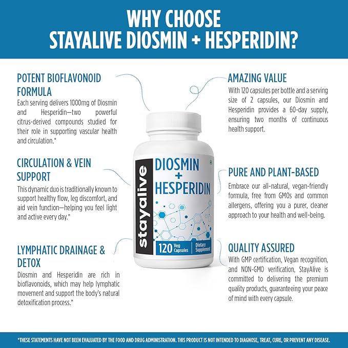 STAY ALIVE Diosmin Hesperidin 1000mg Complex, 120 Count, Citrus Bioflavonoids Rich Fruit Extract, 2 Month Supply, 100% Vegetarian, Non-GMO & Gluten Free Hesperidin and Diosmin Supplement Capsules