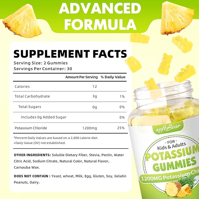 softbear Potassium Chloride Gummies 1200mg, Sugar-Free Potassium Gummies for Adults Support Leg Cramps High Potency Potassium Chloride Supplement, Pineapple Flavor 120 Count