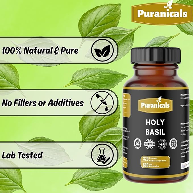 Holy Basil Premium 320 Capsules Non GMO and Gluten Free | Herbal Supplement | 600 mg Per Serving | Made with 100% Pure Herb Holy Basil Leaf