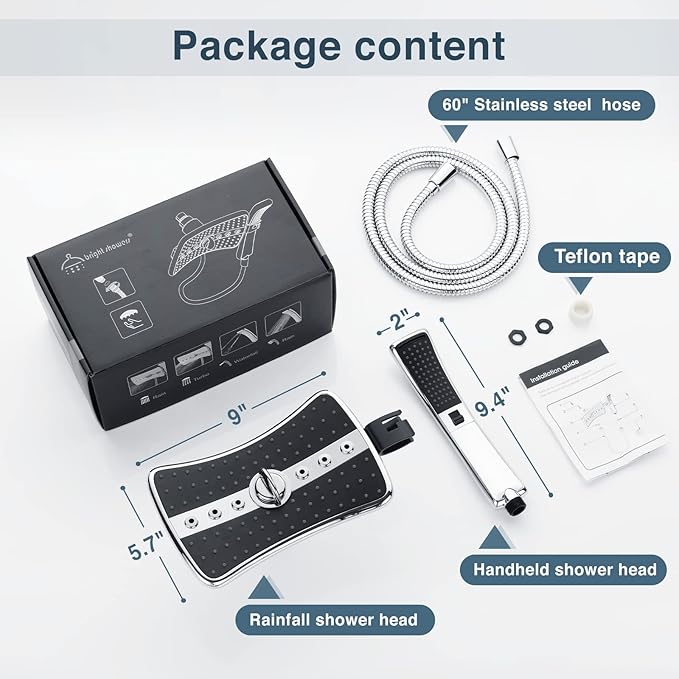 BRIGHT SHOWERS High Pressure Dual Shower Head Combo, Handheld Showerhead Rainfall Shower Head Set with Black Face, 60 Inch Long Stainless Steel Shower Hose, Chrome