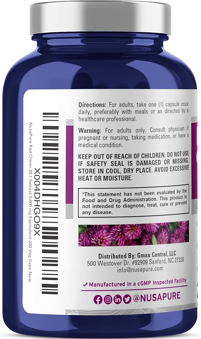 NusaPure Red Clover Capsules 2000mg per Veggie Caps | 200 Count | Trifolium Pratense | Non-GMO | Red Clover Blossom Extract 20:1 Supplement