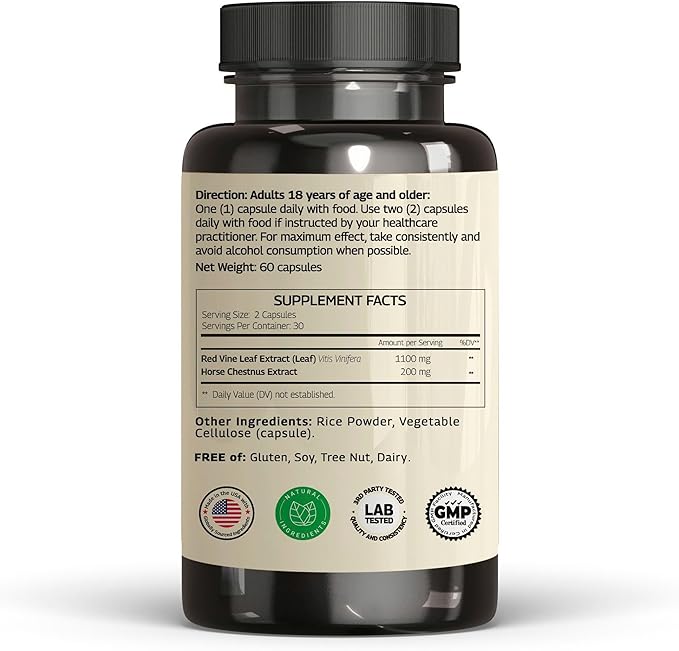 Red Vine Leaf Extract - Horse Chestnut, 1300mg/serving *USA Made and Tested* Circulation and Vein Support for Healthy Legs - Helps Blood Flow, Leg Circulation - 60 Capsules (30 Servings)